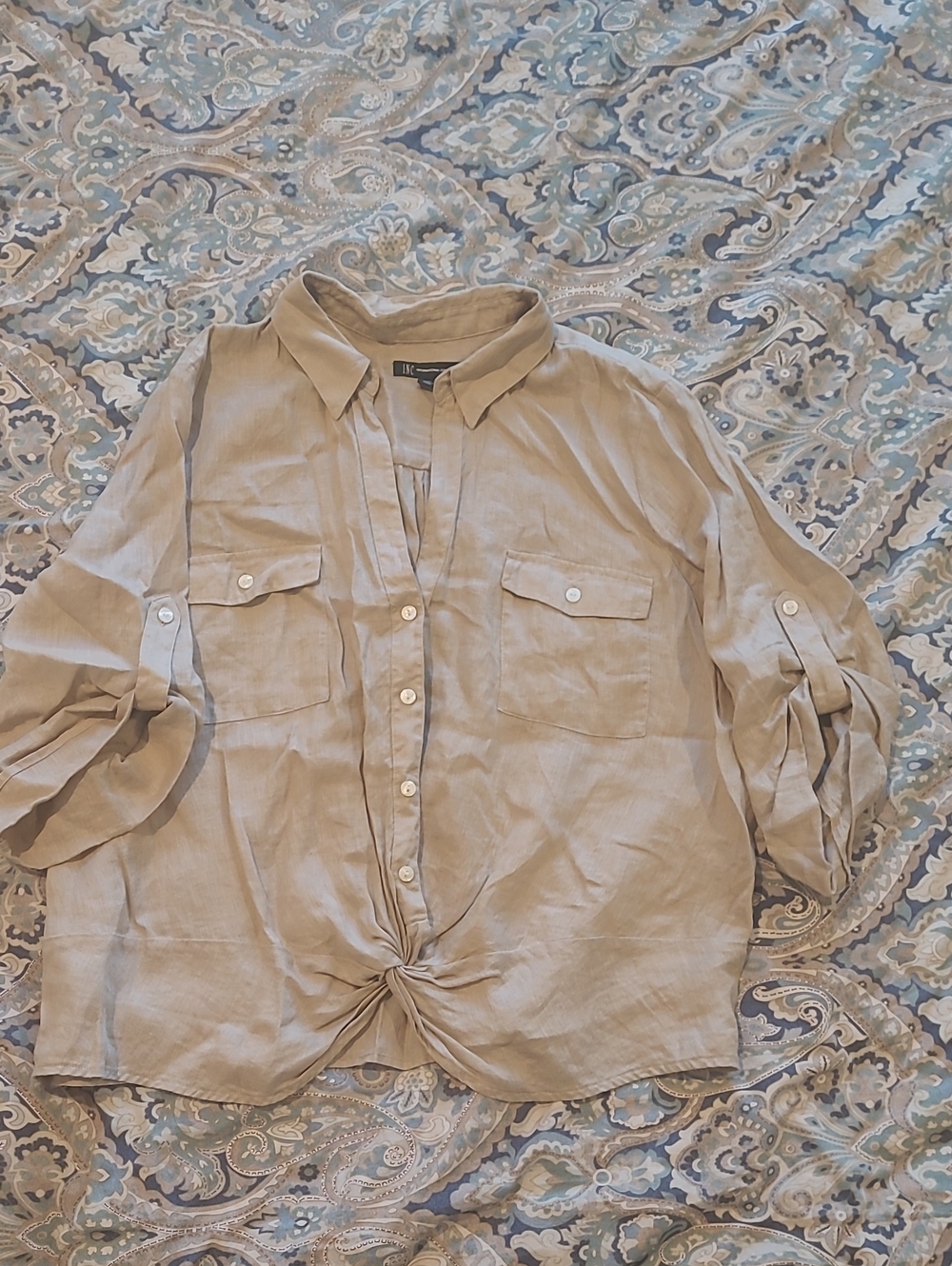 INC International Concepts Taupe Button-Front Knot Shirt